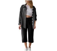 Set tuta da donna estiva in cotone e lino camicia a maniche lunghe pantaloni Capri Set 2 pezzi Button down Oversize Co Ord Set Casual Loose Lounge Wear Set Traspirante Abiti da viaggio di base, 02