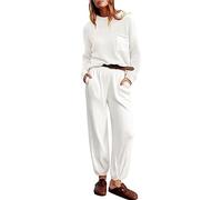 Set tuta da donna Primavera Autunno Abiti in due pezzi a costine Maglia Co Ord Set Manica Lunga Girocollo Pullover Pantaloni a Vita Alta Set Maglione con Tasche Casual Loungewear Set, bianco, L