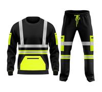 Set tuta da lavoro in pile ad alta visibilità, orlo aperto, pantaloni con risvolto, tasche con coulisse, felpa a maniche lunghe, set di pantaloni e top di sicurezza, Giallo e nero., XL
