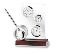 Set Ufficio con Orologio TERMOMETRO IGROMETRO e Penna su Cristallo Base Legno e LASTRA in Argento 925% Made in Italy 8840