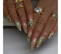 Set Unghie Press On Nymora - Almond Blu Scuro Marmo Righe D'Oro Cat Eye - Unghie Artificiali per Donne e Ragazze con Colla per Unghie - Stile Gioiello Autunno Inverno