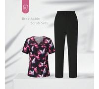 Set uniforme con top stampato a maniche corte e pantaloni tinta unita per donne, set divisa con motivo farfalla L,M,S,XL,XSPiante,Farfalla,stampa dappertuttoTessuto intrecciato