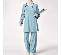 Set uniforme da donna in tessuto scrub, composto da top a maniche lunghe con spacco laterale e pantaloni, in colore unico L,M,S,XLBlocchi di colore,Colore unicoTessuto intrecciato