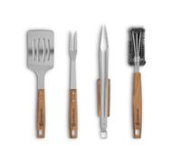 Set utensili barbecue 4 pezzi BURNHARD® in acciaio inox, legno di acacia, resistente al calore, inodore, con meccanismo di bloccaggio, gancio per appendere - Set BBQ Deluxe
