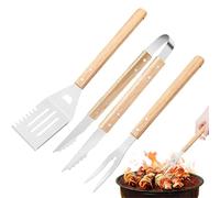 Set Utensili Grill | Set Di 3 Barbecue - Utensili da Cucina Resistenti ad Alte Temperature con Impugnatura Antiscivolo in Legno per Campeggio, Bistecca, Burger, Pizza e Barbecue sulla