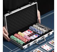 BAKAJI Set Valigetta da Poker in Alluminio con 300 Fiches Chip, Confezione da Gioco Professionale, 2 Mazzi di Carte, 5 Dadi, Pulsante Dealer, Valigia Alta Qualità Ideale per Texas Hold'em e Blackjack