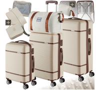 TecTake® Set Valigie Da Viaggio, 13 Pezzi, Valigie Impilabili in ABS, Finiture in Similpelle, Rotelle Girevoli a 360°, Lucchetto TSA, Manico Telescopico Regolabile, Interno Separabile - Crema