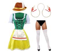 Set vestito bavarese da donna verde e giallo, taglia L, vestito con gonna gialla, top verde, calze bianche, fascia con trecce bionde e cappello marrone, perfetto per Oktoberfest e feste in maschera