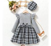 Set vestito scozzese e basco per giovani ragazze, questo vestito a quadri retrò con berretto basco ha uno stile inglese, adatto per la stagione autunnale/invernale 6Y,7Y,4Y,5YTessuto