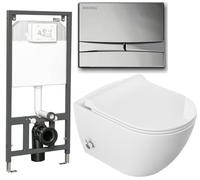 Set WC per bidet da parete: ciotola rimless con miscelatore caldo/freddo integrato, sedile in termoindurente sottile morbido, telaio sottile nascosto e pulsante a flusso cromato