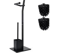 Set Wc Piantana - Nero -22X18X70Cm- Portarotolo E Portascopino Incl. - Acciaio Inossidabile - Base In Vetro - Extra: 1+2 Testine Ricambio Spazzolone!