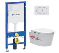 Set WC sospeso Geberit Duofix Up100 + WC senza flangia SAT Brevis 50 cm | Sedile Soft-Close | Piastra Delta01 | Bianco | Fissaggi invisibili