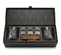 Set Whisky con Pietre Whisky Refrigeranti - 6 Cubetti per Whisky in Granito Artigianali -2 Bicchieri Whisky Superior - Vassoio in Legno Duro - Elegante Confezione Regalo Laminata d'Oro