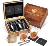 Set Whisky Regalo Uomo - Set Bicchieri da Whisky, Cubetti di Ghiaccio Riutilizzabili Pietre, Sottobicchieri, Pinza per Ghiaccio, Scatola di Legno, Sacchetto di Velluto, da Royal Reserve