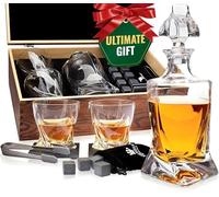 Set Whisky Regalo Uomo - Set Bicchieri da Whisky, Decanter, Cubetti di Ghiaccio Riutilizzabili Pietre, Sottobicchieri, Pinza per Ghiaccio, Scatola di Legno, Sacchetto, da Royal Reserve