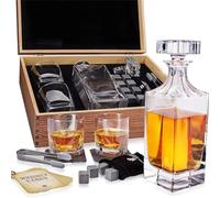 Set Whisky Regalo Uomo - Set Bicchieri da Whisky, Decanter, Cubetti di Ghiaccio Riutilizzabili Pietre, Sottobicchieri, Pinza per Ghiaccio, Scatola di Legno, Sacchetto, da Royal Reserve