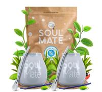 Set Yerba Mate Bio per Due - Soul Mate Sin Humo Despalada 500g, 2 Tazze in Ceramica, 2 Bombillas Mercedes + Accessori - Perfetto per Condividere il Mate