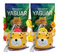 Set Yerba Mate Yaguar con Guaranà e Mango Tango 2x500g + 2 Calabash in Ceramica, 2 Bombillas, Accessori Completi - Kit Tradizionale Sudamericano Energizzante e Fruttato