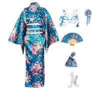 Set Yukata Kimono Giapponese da Donna,Kimono Cosplay in Raso con Obi e Fiocco,Costume Carnevale Geisha per Fotografie,Palcoscenico e Feste con Accessori in Scatola Regalo,Fiore di Ciliegio,Turchese