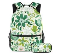 Set zaino con astuccio, libera il tuo stile e rimani organizzato, motivo floreale verde, Multicolore, B：29.4x20x40cm P：19x7.5x3.8cm, Zaini Daypack