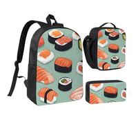 Set zaino con borsa per il pranzo e astuccio, deliziosa stampa sushi in tessuto Oxford portatile utile borsa set