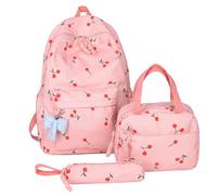 Set zaino da ragazza Set zaino in nylon con stampa ciliegia con fiocco pen | Leggero e portatile, cinghie regolabili, cerniera liscia e robusta, per l'uso nei viaggi scolastici