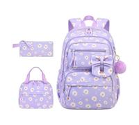 Set zaino floreale rosa con piccole borse coordinate e dettaglio pom pom | Un motivo floreale rosa pallido appare attraverso lo zaino e le piccole borse di accompagnamento, con tasche frontali e un