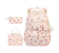 Set zaino floreale rosa con piccole borse coordinate e dettaglio pom pom | Un motivo floreale rosa pallido appare attraverso lo zaino e le piccole borse di accompagnamento, con tasche frontali e un