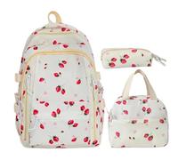 Set zaino fragola - Borsa da scuola da 3 pezzi con scatola per il pranzo | Adatto per A4 e laptop, tasca per bottiglia d'acqua, nylon, per studenti delle scuole primarie e superiori