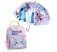 Set Zaino per bambini Blue Stitch per il tempo libero + Ombrello a bolla con stampa Stitch, apertura manuale e struttura in fibra di vetro Il duo perfetto per i piccoli fan dell'universo di Lilo & Sti