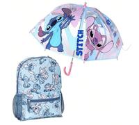 Set zaino per bambini Blue Stitch per il tempo libero + ombrello a bolla con stampa Stitch, apertura manuale e struttura in fibra di vetro Il duo perfetto per i piccoli fan dell'universo di Lilo & Sti