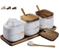 Set Zuccheriera in Ceramica, 3 pz Condimento Box con Coperchio e Cucchiaio e Vassoio, Jar, Scatola, Barattolo Utensili da Cucina Forniture per Spezie, Bianca