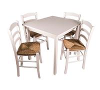 Set1 tavolo bianco 80×80cm gambe dritte + 4 sedie paesana paglia bianche rustico