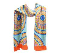 Seta Sole - Sciarpa in 100% Seta Made in Italy 45x160 cm - Mandala Disegnato a Mano - Stola Lunga Elegante Donna, Accessorio Moda Artigianale Lago di Como (Acqua/Arancio)