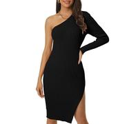 Seta T Mini Abito da Cocktail da Festa da Donna con Maniche Lunghe Una Spalla Inclinata e Maniche Lunghe Cachi S