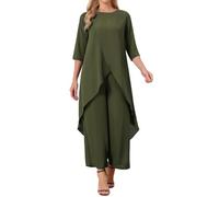 Seta T Set di 2 pezzi da donna in chiffon, con pantaloni alti e bassi, Verde militare, L