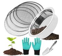 Setaccio da Giardino Rotondo 25cm Colino da Giardino, 5 In1 Setaccio Giardino con 5 Inserti Intercambiabili Ø 1,3,6,9,12 Mm con Pala, Guanti, Setaccio per Terreno Setaccio Rotondo in Acciaio Inox