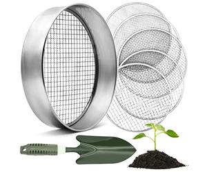 Setaccio da giardino rotondo da 30 cm con 5 inserti intercambiabili - setaccio in acciaio inox per terriccio, compost, semi - paletta da giardino inclusa
