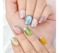 Sethexy Bara corta Chiodi a pressione Argento French Tip Arcobaleno Unghie finte Occhi di gatto Lucide Unghie finte Brillantini Colla riutilizzabile sulle unghie per donne e ragazze 10Pz