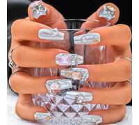 Sethexy Bara media In argento Fatto a mano Chiodi a pressione Strass 3D Unghia finta Metallico Catena Unghie di lusso Unghie adesive Acrilico Lucido Unghie finte per donne e ragazze 10PCS (6)
