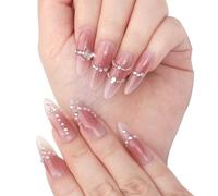 Sethexy Mandorla lunga Chiodi a pressione Strass Perla Unghia finta Cristallo Gradiente Unghie finte Disegni di farfalle Colla riutilizzabile sulle unghie per donne e ragazze 10Pz