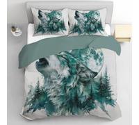Sets Copripiumino Matrimoniale Acquerello Foresta Luna - Biancheria da Letto Reversibile Ululato Del Lupo Sacco Copri Piumino Morbida e Traspirante con 2 Federe 50x80cm, 260x240cm, Blu-Verde