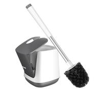 SetSail Scopino e portascopino per WC con coperchio a chiusura automatica, portascopino e manico extra lungo ventilato, set per la pulizia del bagno, setole in nylon, bianco e grigio