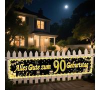 Seutgjie 90° compleanno, striscione di compleanno con striscia luminosa a LED, per donne e uomini, 40 x 270 cm, decorazione sfondo oro, nero