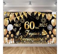 Seutgjie Banner allegro 60 anni 1965-2025, decorazione 60 anni, sfondo compleanno 60 anni, donna uomo, banner di buon compleanno per festa, oro nero, 180 x 110 cm