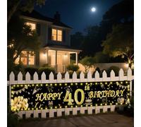 Seutgjie Banner decorativo per 40° compleanno con striscia luminosa a LED, per donne e uomini, 40 x 270 cm, decorazione sfondo oro, nero