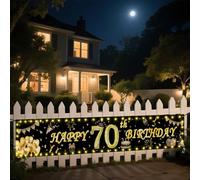 Seutgjie Decorazione per 70° compleanno, con striscia luminosa a LED, per donne, uomini, 40 x 270 cm, decorazione sfondo oro, nero