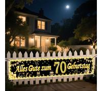 Seutgjie Striscione decorativa per 70° compleanno, con striscia luminosa a LED, per donne, uomini, 40 x 270 cm, decorazione sfondo oro, nero