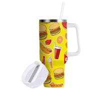 Sevdomey 40 ozFood - Bicchiere per hamburger con manico e coperchio con cannuccia, per tè o caffè freddo, in acciaio inox, isolato, a prova di perdite, da viaggio, idea regalo
