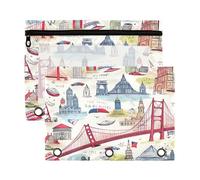 Sevdomey American Landmarks, astuccio a 3 anelli con finestra trasparente, confezione da 2 sacchetti con cerniera per ufficio, Monumenti americani, 7.08*9.85 inch, PORTA MATITE